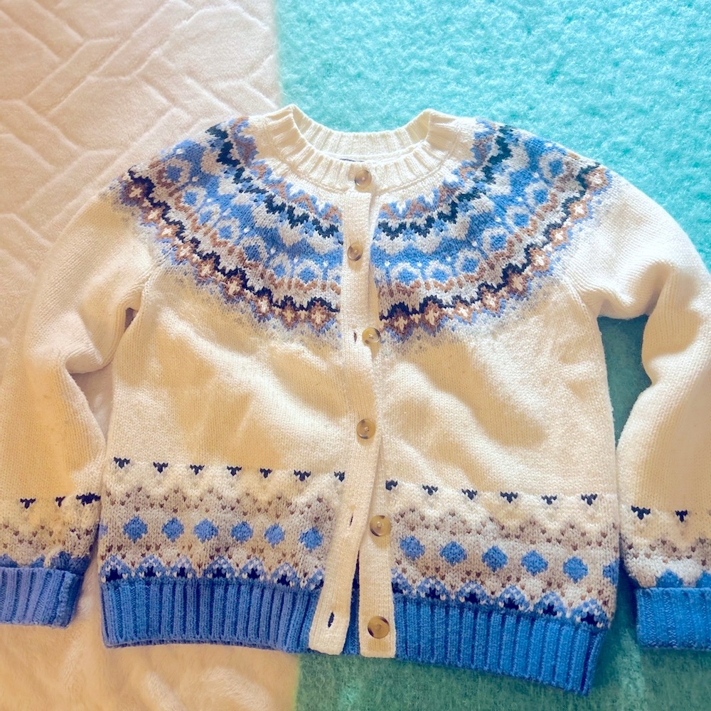 Lands End Nordic Cardigan Medium Blue and White